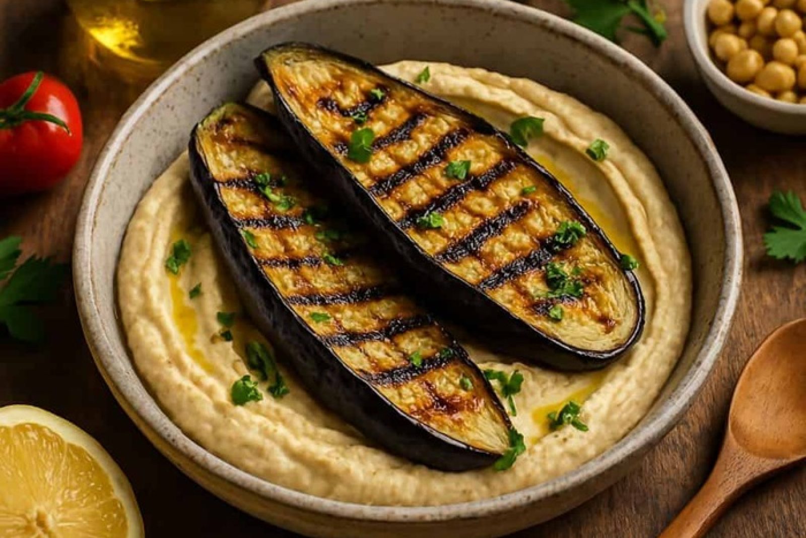 Aubergine řem i hummus na grillu